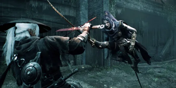 Warrior raising a fist on a rooftop in Phantom Blade Zero