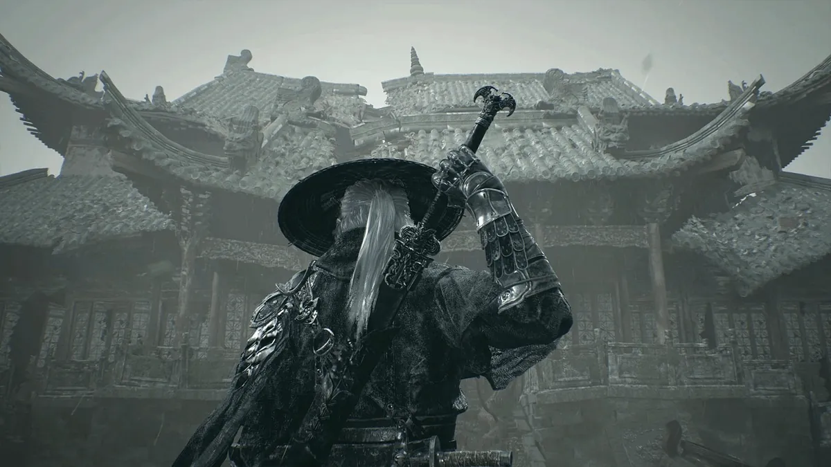 Warrior facing a temple in Phantom Blade Zero